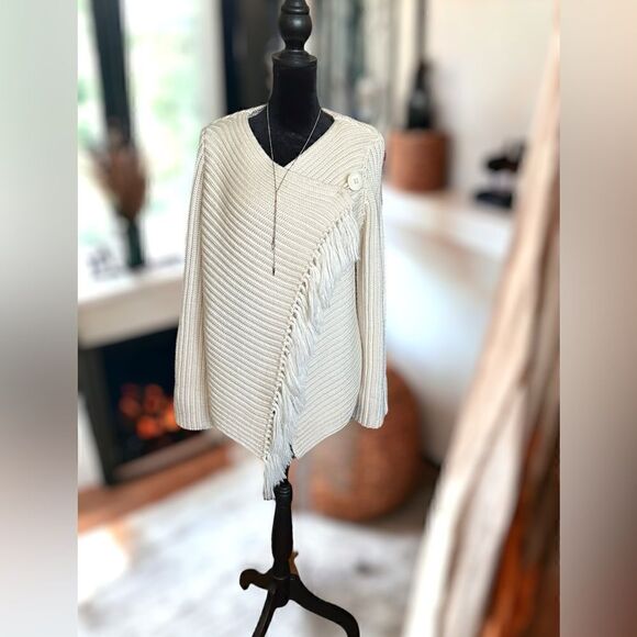 ANTHROPOLOGIE Lisa Z Knit Fringe Wrap-around Poncho Cardigan Sweater Wool Size M - Picture 7 of 16